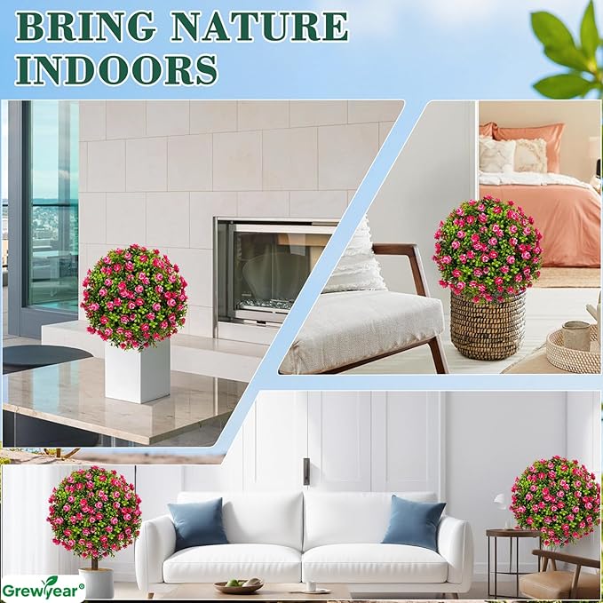 Artificial Red Rose Topiary Ball Trees with Ground Spike Set of 2, Faux Boxwoods for Outdoor Planters, UV Resistant Artificial Outdoor Plants for Porch, Fake Bushes Round Shrub