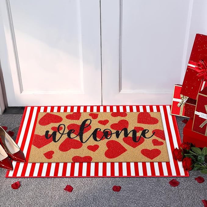 2 Pcs Valentines Welcome Door Mat Heart Outdoor Welcome Mats for Front Door Non Slip Heart Coir Floor Mat Red White Stripe Valentines Rug for Outside Front Porch Entryway Decor