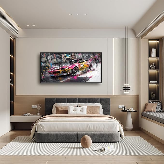 Flintis Large Japanese Graffiti Car Framed Wall Art Racing Car Pictures Wall Decor Abstract Street Racing Canvas Painting Print Artworks Framed for Living Room Bathroom Master Bedroom 60L X 30W
