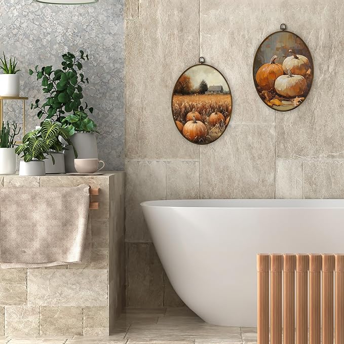 Gnmduw Rustic Fall Pumpkin Oval Wall Art Framed, Vintage Fall Pumpkin Canvas Prints Hanging Decor, Cottagecore Pumpkins Field Wildflower Wall Decor for Farmhouse Living Room Bedroom, 8.7x11.3 In