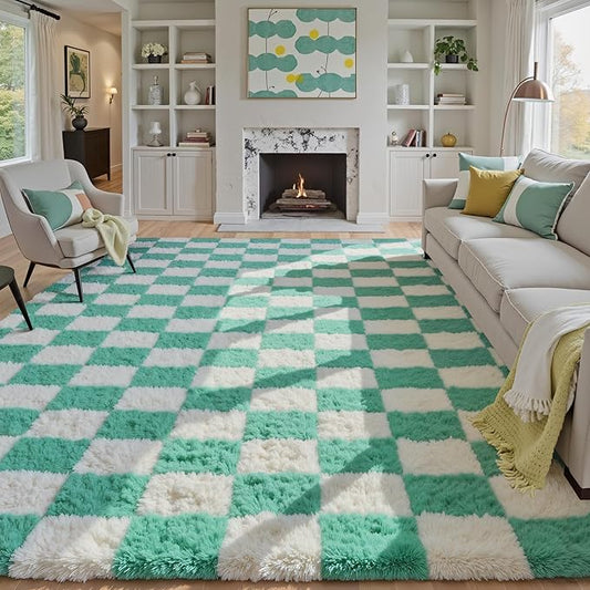 Area Rugs 8x10 Clearance for Living Room, Shag Green Rug Washable Non-Slip Large Rug Super Soft Indoor Fuzzy Carpet Fluffy Rugs for Bedroom Home Aesthetic Decor