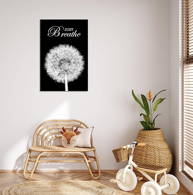 YIOZHAOFH Black Dandelion Picture Artwork Bedroom Decoration Just Breathe Canvas Painting Photo Relaxing Meditation Art Wall Decor Framed for Home Room Office (28L x 44W)