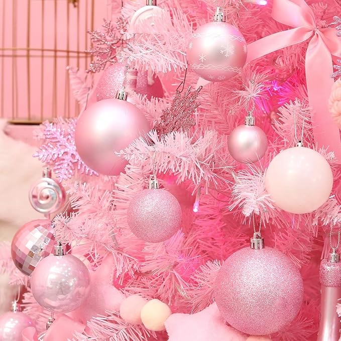 Sea Team 86-Pack Shatterproof Pink Christmas Ball Ornaments Set, Assorted Multi-Sized Hanging Baubles, Xmas Tree Decorations, Seasonal Décor for Holiday Wreath Garland, Hooks Included