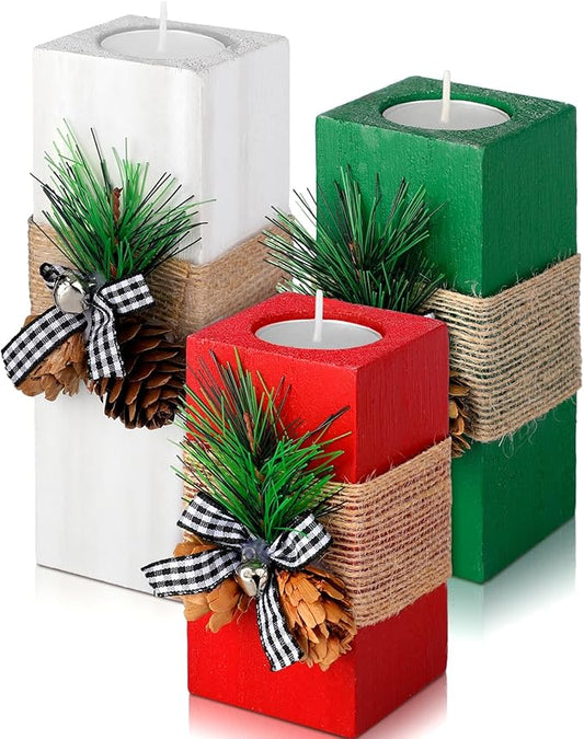 Sliner 3 Pcs Christmas Candle Holders with Candles Wooden Xmas Tealight Candle Holders Decorations Red White Green Votive Wood Candlestick for Christmas Table Centerpiece Decor Xmas Gifts