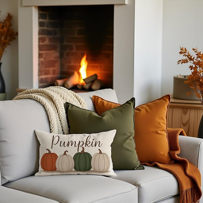 PANDICORN Fall Olive Green Orange Pumpkin Pillow Covers 12x20, Fall Thanksgiving Decorations for Home Decor, Outdoor Autumn Lumbar Decorative Cushion Case for Living Room Bedroom Sofa Couch Porch