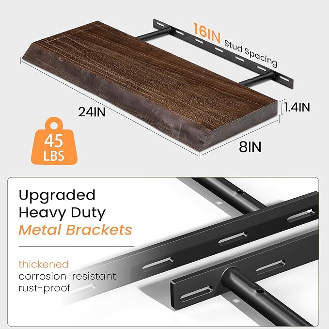 Fun Memories Floating Shelves for Wall, 24 Inch Floating Shelves Wall Mounted, Rustic Live Edge Elm Wood Shelf, Heavy-Duty Storage Shelves for Books, Bathroom, Kitchen, Walnut Finish, Set of 2