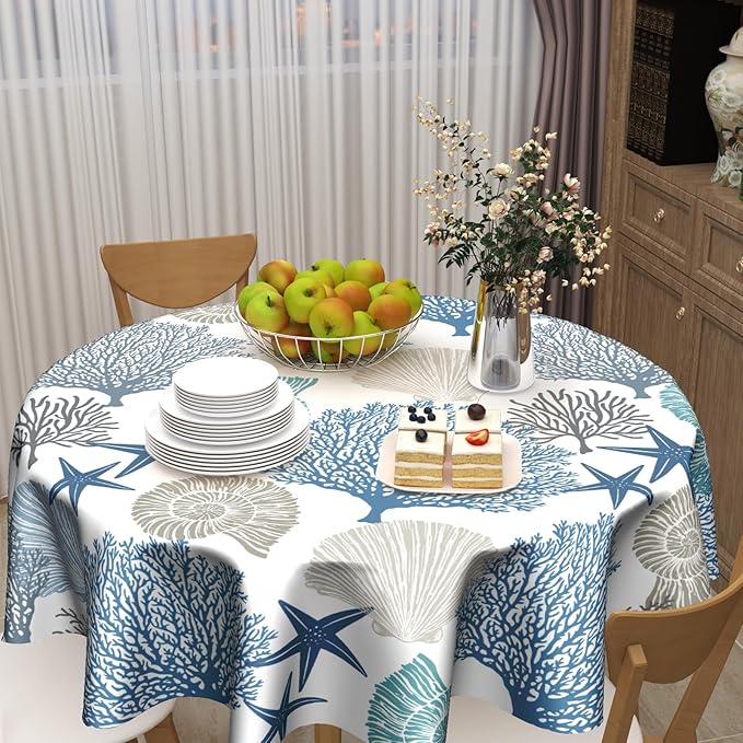 Kawani Nautical Coastal Tablecloth Round 60 Inch Seashell Beach Round Tablecloth 60 Inch Sea Ocean Summer Circle Tabletop Decor Sea Coral Table Covers for Home Kitchen Dinner Holiday Party Picnic