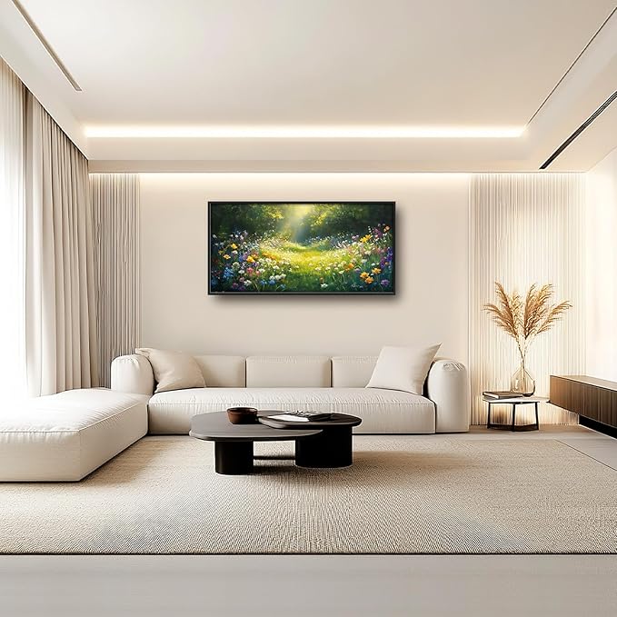 Green Forest Wall Art for Living Room, Large Green Canvas Wall Decor, Wildflowers Flowers Pictures Framed Painting, Landscape Artwork for Bedroom Office Home Decor 60L'' × 30W''