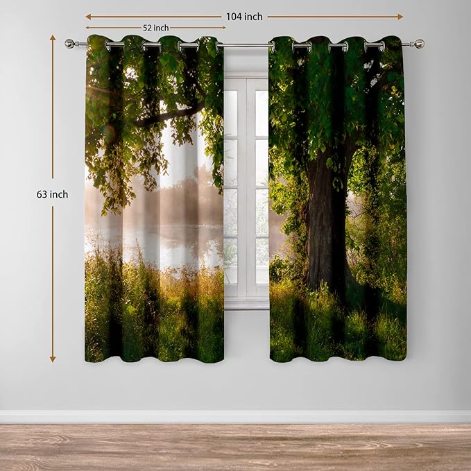 Jekeno Oak Tree Forest Blackout Curtains Green Jungle Nature Landscape Foggy Scenery Stream View Print Tree Decor for Bedroom Living Room Grommet Window Drapes 2 Panel Set, 52"x63"