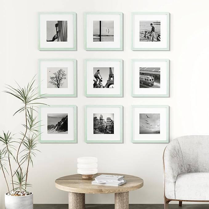Vittanly 12x12 Picture Frames Set of 9, Shatter Resistant Plexiglass, Display 8x8 Pictures with Mat or 12x12 without Mat, Photo Frames for Wall Mount, Engineered Wood, Vintage Green