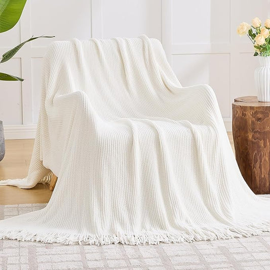 inhand Knitted Throw Blanket for Couch Bed,Chunky Chenille Woven Soft Blankets with Tassels,Cozy Boho Farmhouse Fall Winter Decor,Warm for Women,50"x60",Medium Thick-Off White