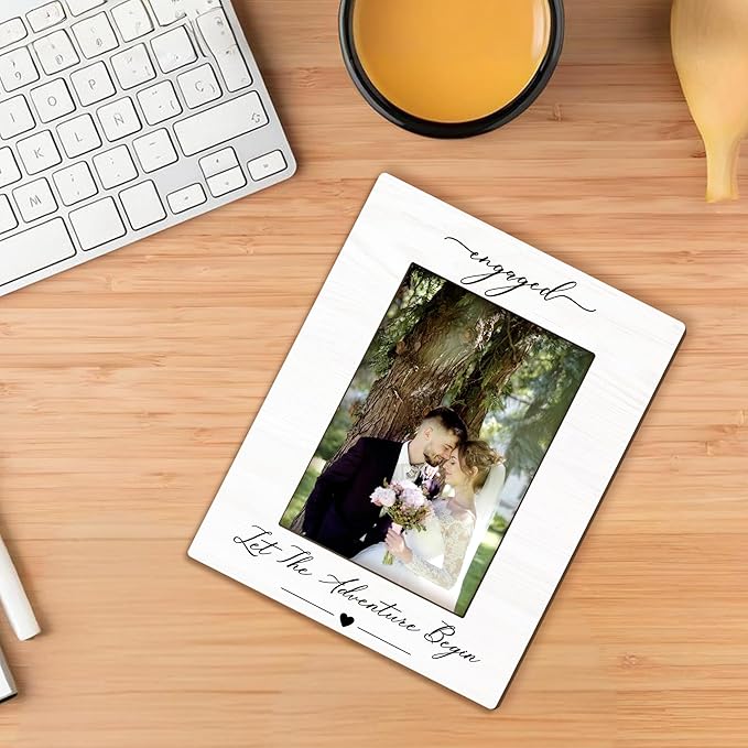Engagement Picture Frame 5x7, Wedding Photo Frame, Just Engaged Married Gifts for Couples Bride Groom, Engaged Let the Adventure Begin Wooden Picture Photo Frames for Desk Home Room Decor