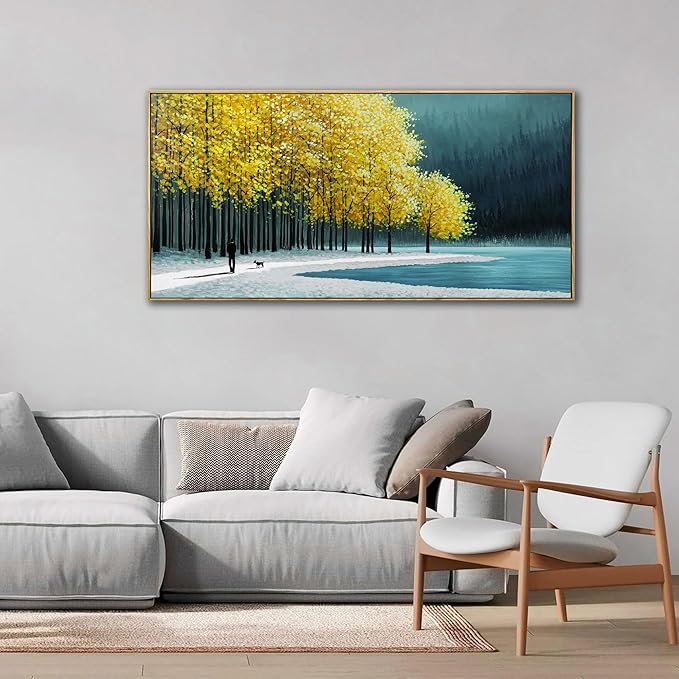 KLAKLA Large Wall Art - Yellow Bedroom Birch Tree Valley Snowy Forest Wild Lakes Landscape Canvas Pictures Wall Decoration for Living Room Office Home Decor - 40x20 Inches