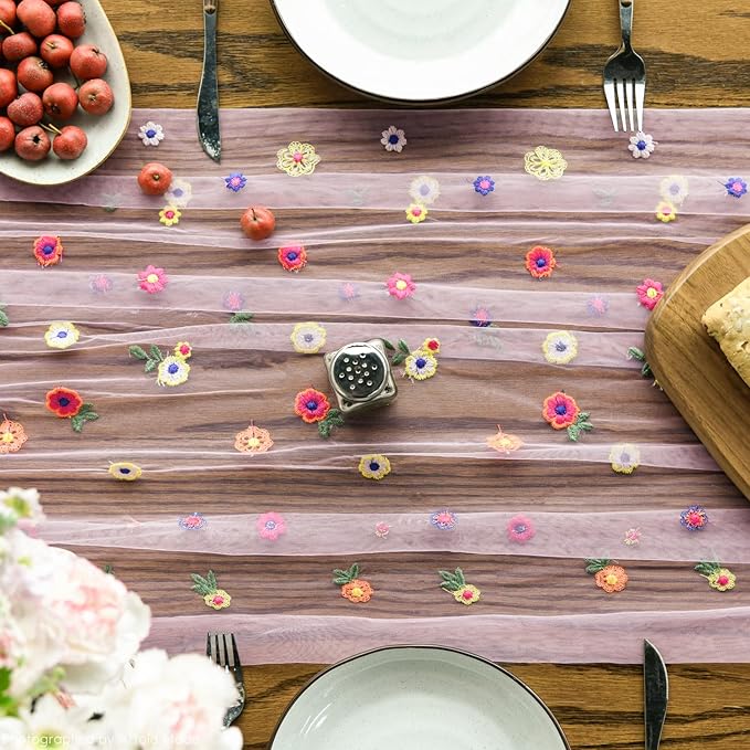 Artoid Mode Pink Embroidery Daisy Gauze Table Runner 120 Inch 10FT, Seasonal Sheer Kitchen Dining Holiday Wedding Birthday Table Decor for Home Party