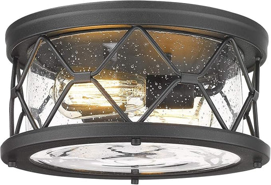 zeyu 2-Light Black Flush Mount Ceiling Light - Modern Industrial Ceiling Light Fixture for Kitchen Hallway Bedroom, Black Finish with Seeded Glass Cover, ZW22-F BK
