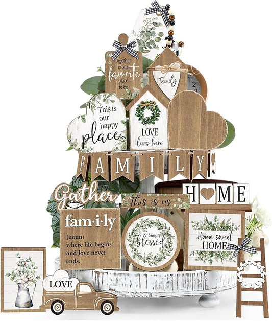 Yaomiao 21 Pcs Farmhouse Tiered Tray Decor Set Rustic Farmhouse Wood Decor Sign Item Vintage Rustic Family Gather Blessed Tiered Tray This is Our Happy Place Sign for Home Kitchen Table Shelf(Leaves)