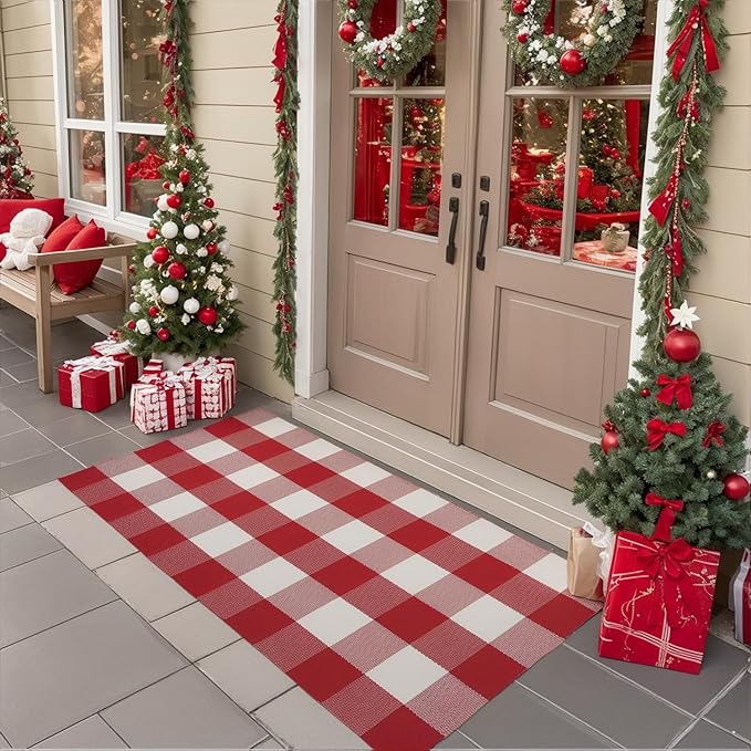 SEEKSEE Cotton Buffalo Plaid Rug 24"x52" Red and White Checked Rug Washable Doormats Indoor Outdoor Rugs for Layered Front Door Mats, Porch, Kitchen, Farmhouse, Entryway
