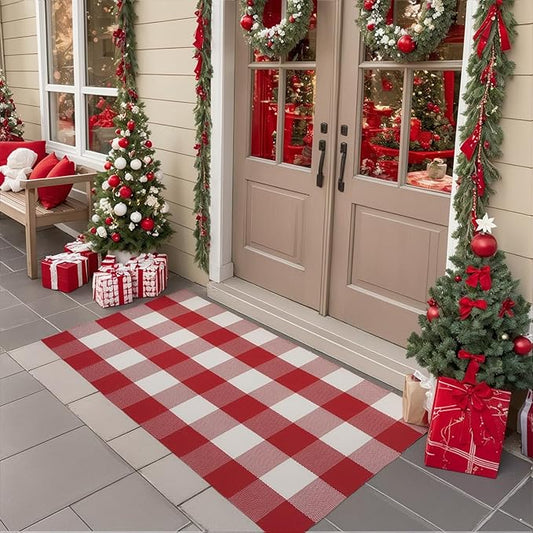 SEEKSEE Cotton Buffalo Plaid Rug 24"x52" Red and White Checked Rug Washable Doormats Indoor Outdoor Rugs for Layered Front Door Mats, Porch, Kitchen, Farmhouse, Entryway