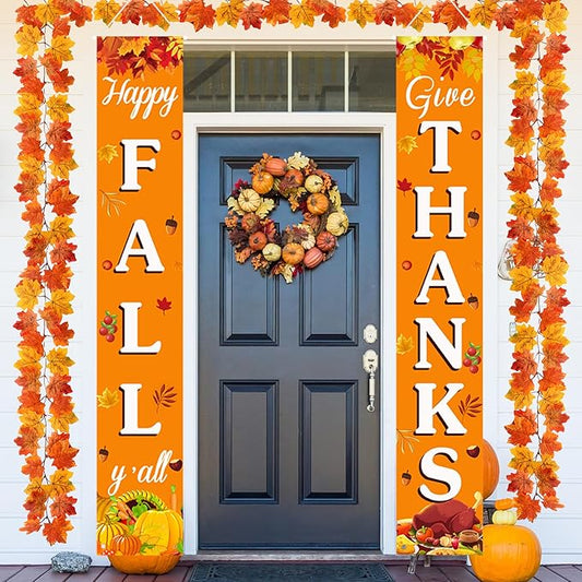 Fall Decorations for Home Happy Fall & Give Thanks Porch Banner Pumpkin Maple Leaves Door Welcome Signs for Autumn Harvest Thanksgiving Decorations Decor Indoor Outdoor