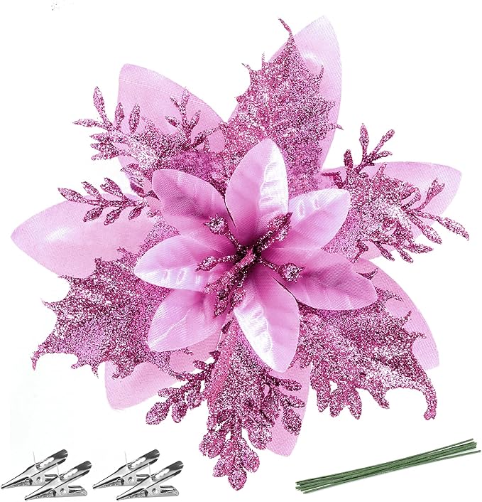 Christmas Poinsettia Artificial Flowers Decorations 5.5" Christmas Tree Wreaths Garland Decoration 12 Pcs Glitter Flowers Picks Decor for Xmas New Year Wedding Party Ornaments (Purple)