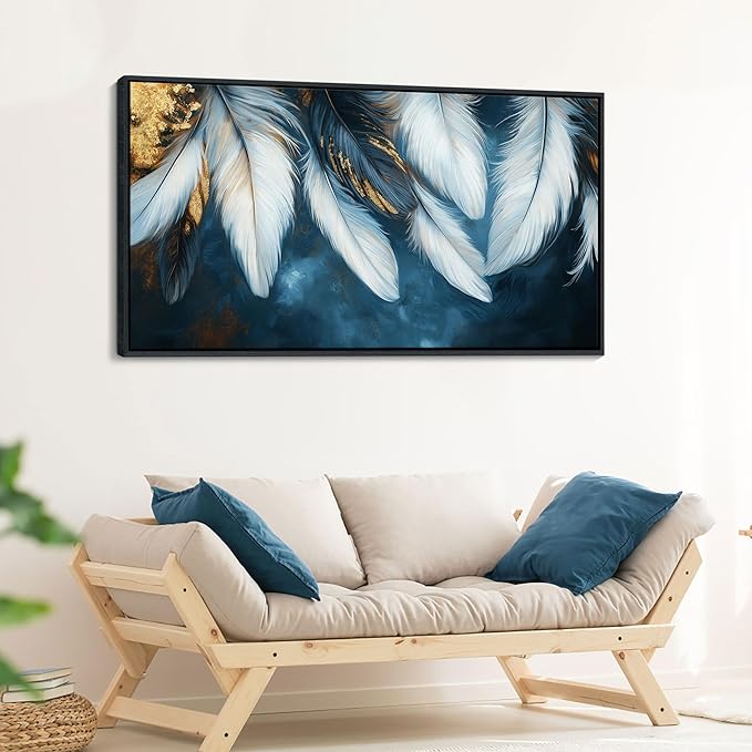 Mofutinpo Blue and Gold Wall Art Framed Navy Blue Decor for Living Room Feather Canvas Art Wall Pictures, Blue Bedroom Wall Decor Above Bed Pictures Wall Decor, Painting - Artwork for Walls 24×48IN