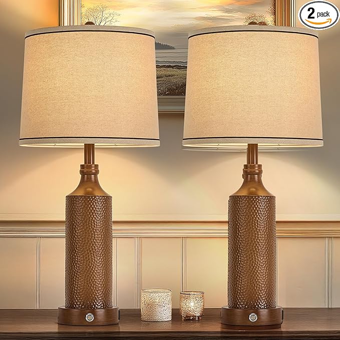 AIDENOEY 27.5" H 3-Way Dimmable Touch Control Table Lamp with USB A+C Ports, Vintage Walnut Finish Resin Bedside Farmhouse Table Lamp Set of 2，for Living Room，Bedroom，Office