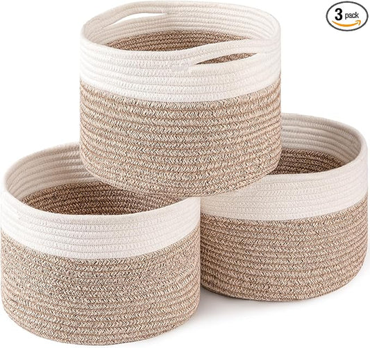 OIAHOMY Small Storage Baskets for Organizing,Closet Cube Shelf Storage, 9.8”×9.8”×7.1”, Woven Cotton Rope Gift Baskets for Nursery,Cute Dog Toy bins, Round 3 Packs, White & Brown