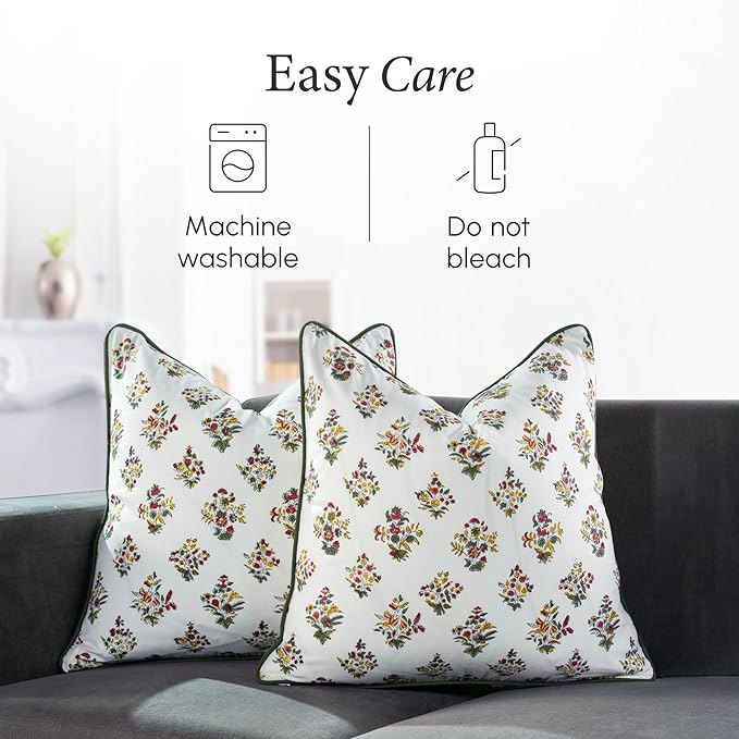 CPC 100% Cotton Throw Pillow Covers 18x18 Inch, Set of 2 Green Block Print Pattern Couch Pillow, Cute Boho Decorative Pillows for Living Room, Bedroom with Hidden Zipper- Fall Green