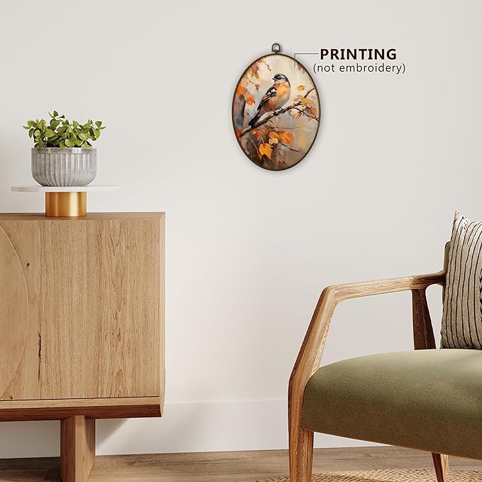 Gnmduw Vintage Fall Bird Oval Wall Art Framed, Rustic Fall Bird Canvas Prints Hanging Decor, Retro Farmhouse Country Sparrow Maple Leaf Wall Decor for Living Room Bedroom Bathroom, 8.7x11.3 In