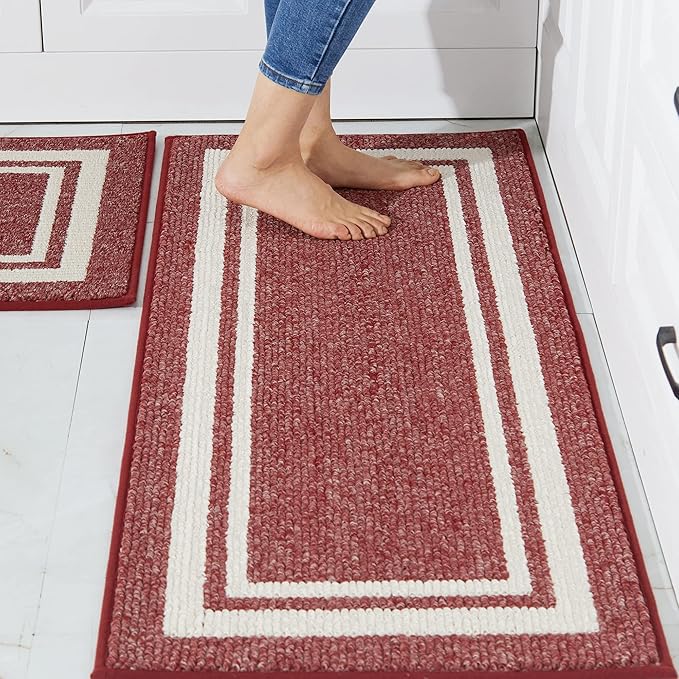 COSY HOMEER Kitchen Rugs Non-Slip 20" x30/20 x48 Inch Thick Polypropylene Standing Mat for Home Machine Washable, Red Frame