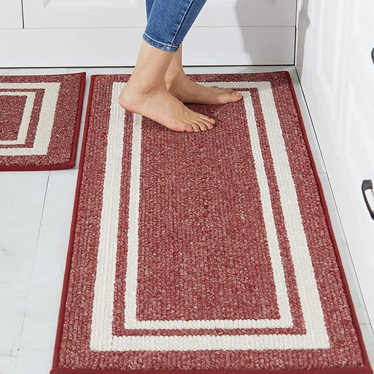 COSY HOMEER Kitchen Rugs Non-Slip 20" x30/20 x48 Inch Thick Polypropylene Standing Mat for Home Machine Washable, Red Frame
