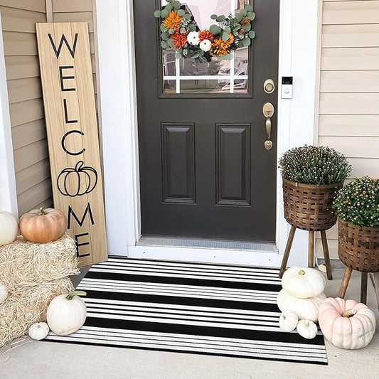 OJIA Fall Front Door Mats Outdoor 27.5x43 Inches, Black and White Outdoor Rugs Cotton Woven Front Door Rug Machine Washable Layered Doormats for Porch/Farmhouse/Kitchen/Entryway/Patio