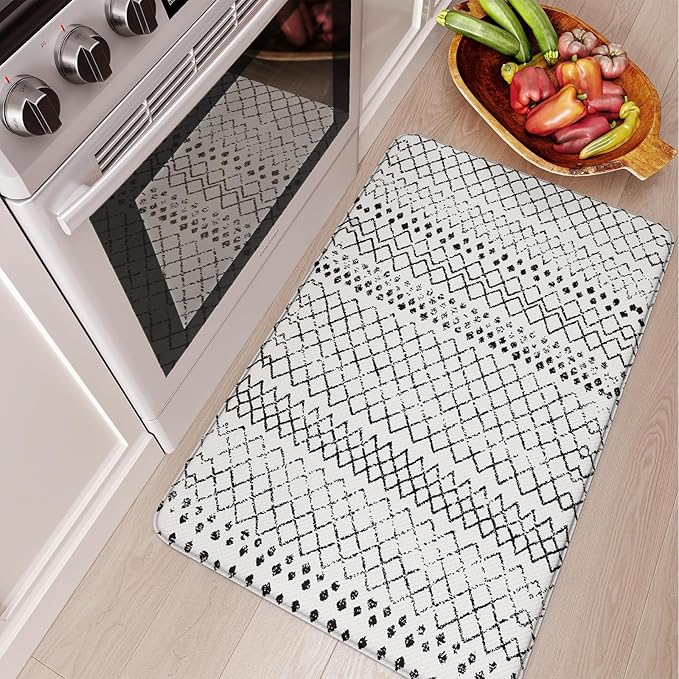 KIMODE Anti Fatigue Kitchen Mat for Floor, Cushioned Farmhouse Kitchen Runner Rug, Non Slip Waterproof Kitchen Floor Mat, Comfort Foam Standing Desk Mat for Laundry Office Sink Black/White 20"x32"