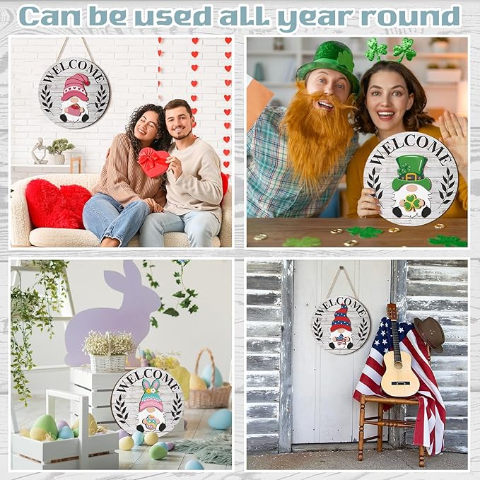 Qunclay Interchangeable Wooden Gnome Decor Holiday Seasonal Gnome Decorations with Magnet Pieces and Detachable Hats Changeable Welcome Sign for Home (Grey and White)