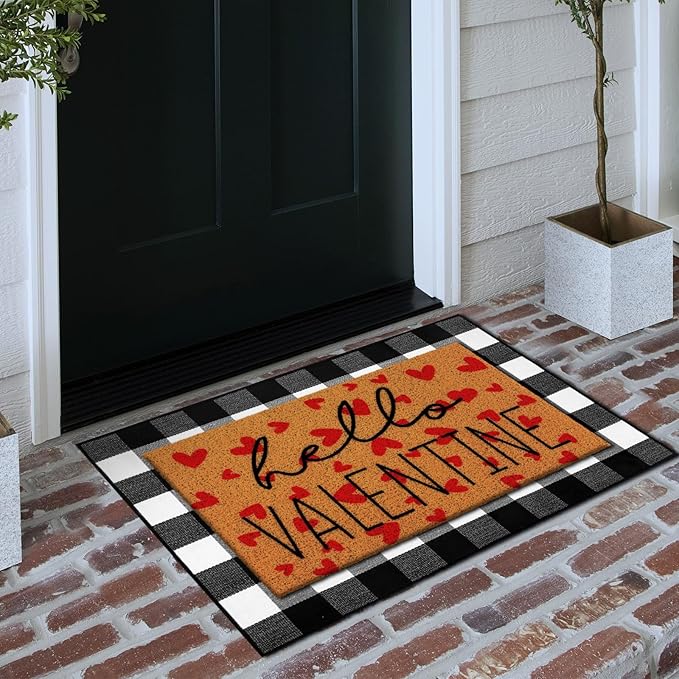 2 Pcs Door Mat Welcome Non Slip Coir Mats Floor Layering Doormats Seasonal for Front Porch Entryway Decor(Valentine)