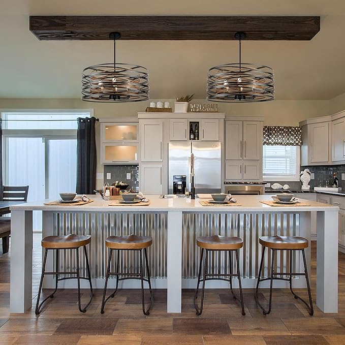 23.6'' Rustic Large Drum Chandeliers for Dining Room, 6-Light Modern Farmhouse Lighting for Kitchen Island, Retro Round Entryway Light Fixture, Black with Retro Wood Texture Interior