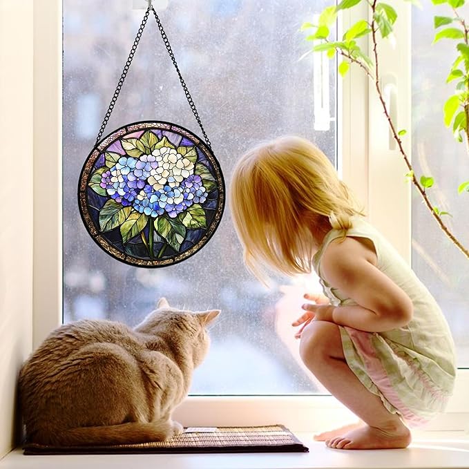 Stained Glass Window Hanging, Hydrangea Flowers Sun Catchers Diamond Glass Panel Hangings Plant Suncatcher Decor for Birthday for Women, Men, Wife, Aunt, and Mom 6.3 in