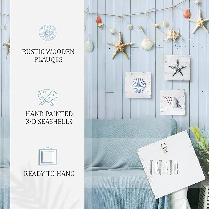 TideAndTales 3D Beach Wall Art - Seashell with Starfish for Coastal Bathroom Decor, Ocean Inspired Decor for Bathroom, Coastal Bedroom, Living Room or Beach House, Set of 3 (6”x 6”)