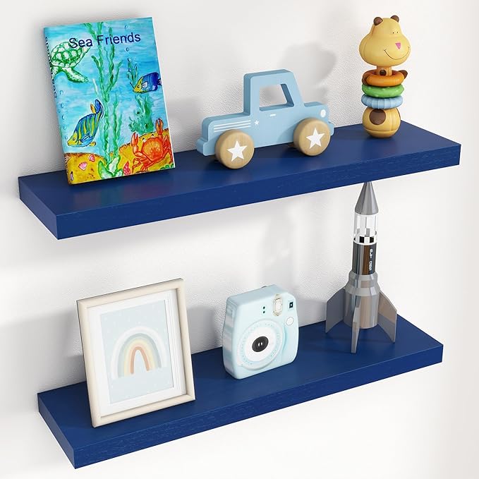 30 Inch Floating Shelves, Dark Blue Floating Shelves for Wall Set of 2, 30'' Long Wooden Wall Shelves for Living Room Bedroom Kids' Room Boys' Room - Dark Blue