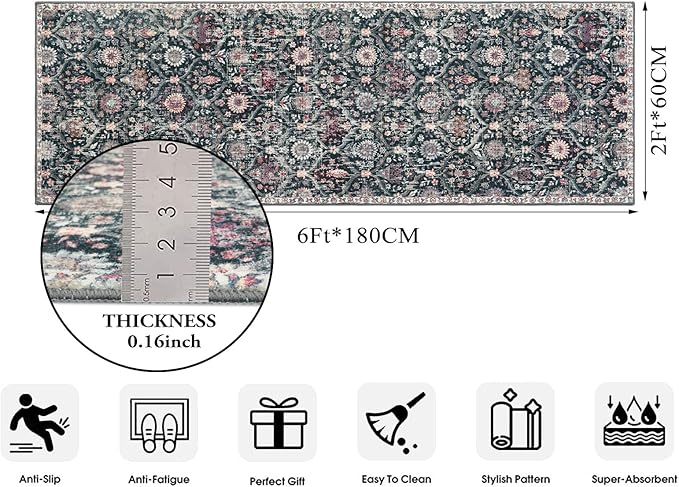 Lahome Moroccan Trellis Washable Runner Rug, 2x6 Kitchen Runners for Hallways 6 Feet Non Slip, Vintage Laundry Room Rug Ultra-Thin Long Carpet for Bathroom Bedroom Entryway, Black/Multi