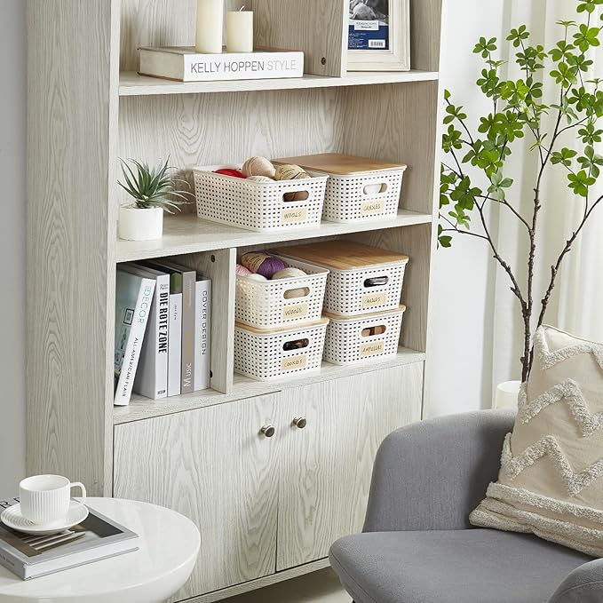 Small Plastic Storage Bins with Bamboo Lids 5.2qt Stackable Box Basket Pantry Decorative Containers Cute with Lable for Organizing Desktop Closet Office Cream White of 6 packs 10*7.2*4.1'’