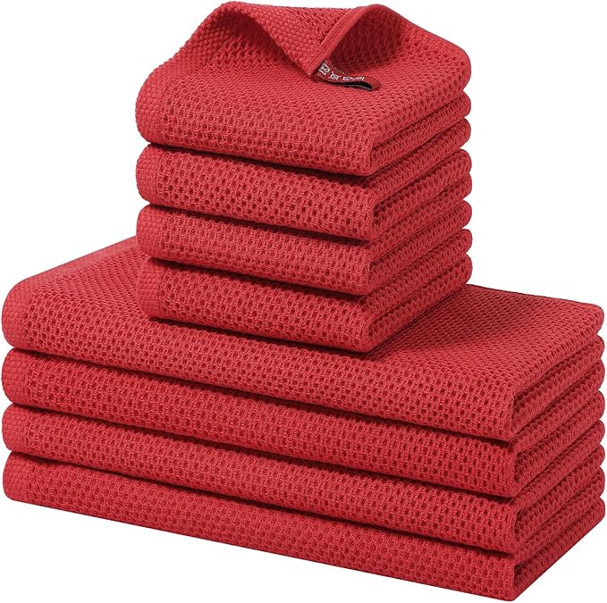 Homaxy 100% Cotton Kitchen Towels and Dishcloths Set, 12 x 12 Inches and 13 x 28 Inches, Set of 8 Bulk Kitchen Towels Set, Ultra Soft Absorbent Dish Cloths for Washing Dishes, Red