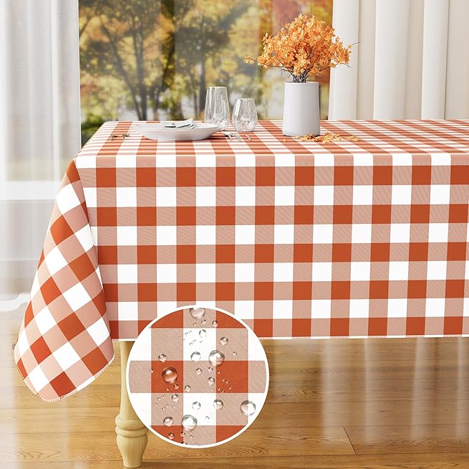 misaya Rectangle Waterproof Vinyl Table Cloth, Buffalo Flannel Backed Tablecloth, Wipeable Plastic Table Cover for Fall, Thanksgiving, (52" x 70", Rust and White)
