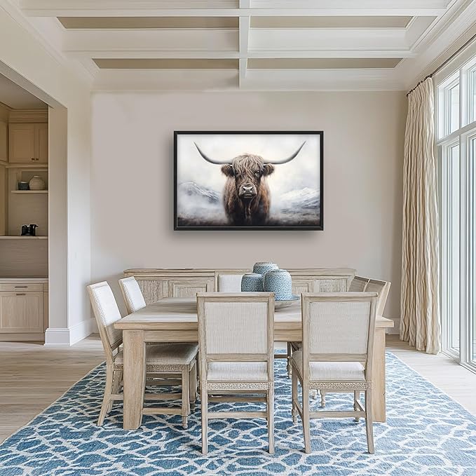 Highland Cow Large Framed Wall Art Rustic Wild Animal Pictures Oversized Wall Decor Foggy Mountain Canvas Print Painting Aesthetic Modern Artwork for Living Room Bedroom Office Bathroom Home Decor 36L"x24W"