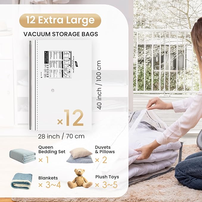TAILI 12 Pack Jumbo Vacuum Storage Bags, 40x28 inch, Space Saver for Bedding, Blankets, Pillows, Clothes, LONG SIDE ZIP Vacuum Seal Bags for Clothing Ideal Under Bed Storage Solution