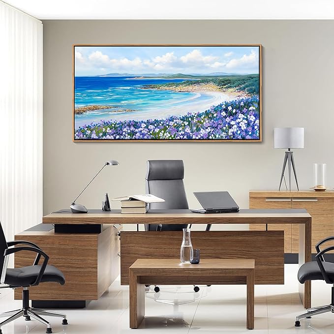 Mofutinpo Coastal Beach Wall Art,Large Purple Flower Landscape Canvas Wall Art for Living Room & Bedroom Decor, Framed Blue Beach Pictures & Paintings for Walls,Ocean Artwork for Home & Office 24x48IN