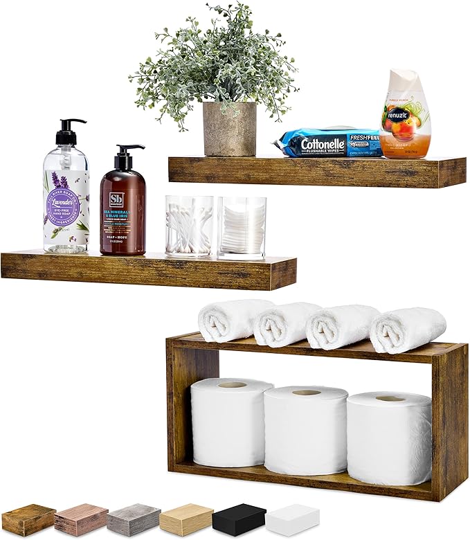 Sorbus Floating Shelves for Wall Set of 3 - Bathroom Shelves for Wall Storage, Over Toilet, Bedroom, Farmhouse, Decor - 2 Floating Shelves with Invisible Brackets & 1 Rectangular Box, Walnut