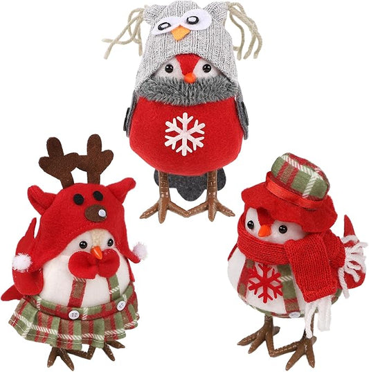 3 Pack Christmas Table Decorations - Small Bird Figurines, Red Cute Xmas Ornaments for Table Top, Desktop, Mantel, Kitchen Decor, Holiday, Winter Party Gifts