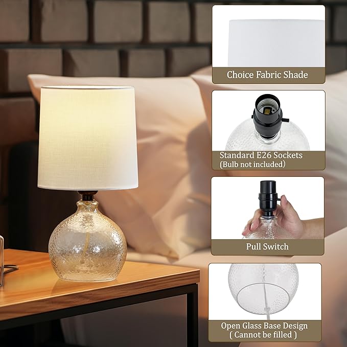 Small Table Lamps Set of 2-13.5" Modern Table Lamp for Bedroom - Bedside Lamps - Glass Table Lamp for Small Spaces, Living Room, Nightstand, Office, Side Desk Lamp, End Table