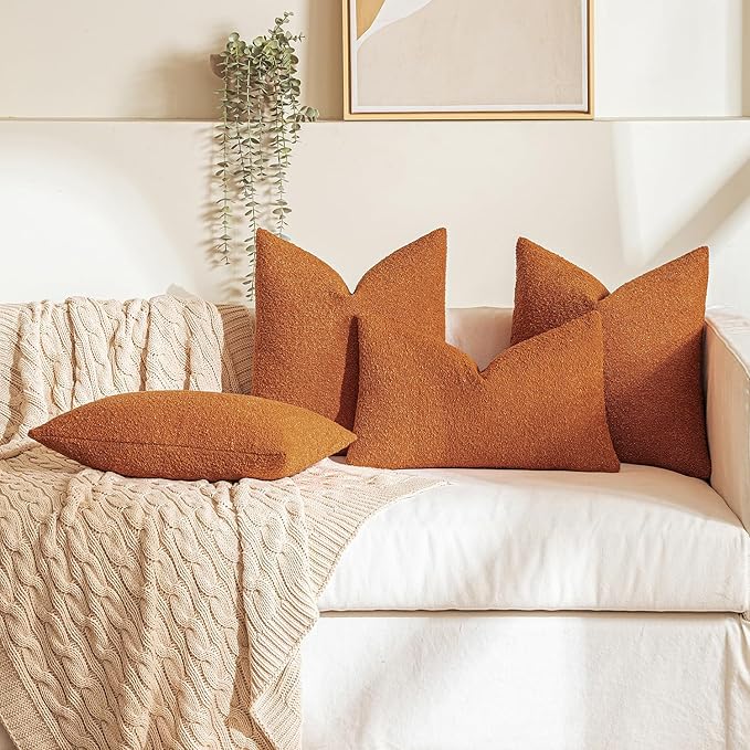 MIULEE Fall 12x20 Inch Decorative Lumbar Throw Pillows for Bed Set of 2 Textured Boucle Neutral Throw Pillow Covers Orange Accent Solid Pillowcase Cozy Soft Sofa Livingroom Home Decor